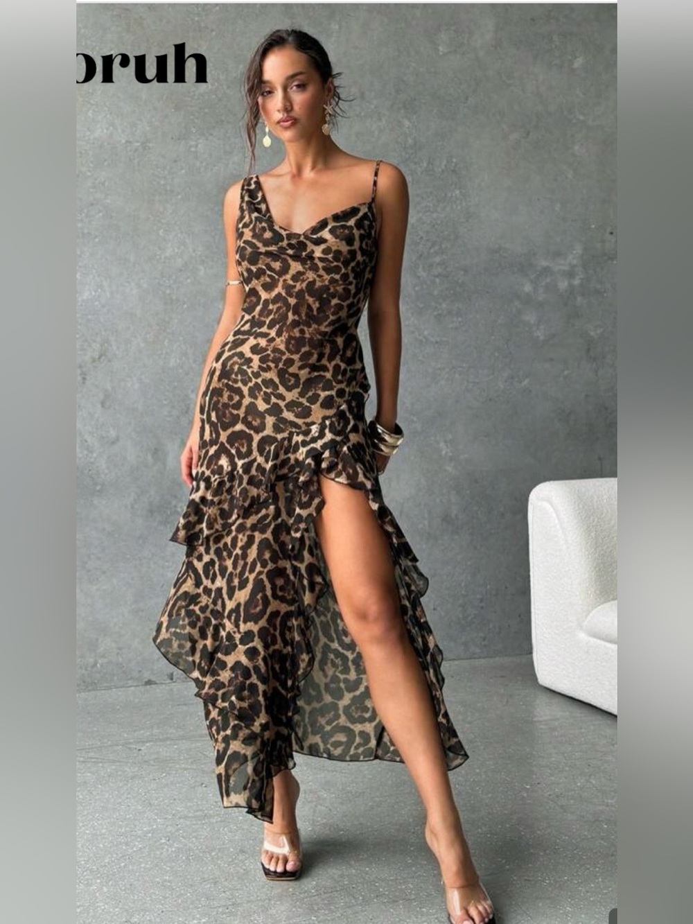 Leopard print asymmetrical off shoulder maxi dress. Size XS. Sheer fabric. New.